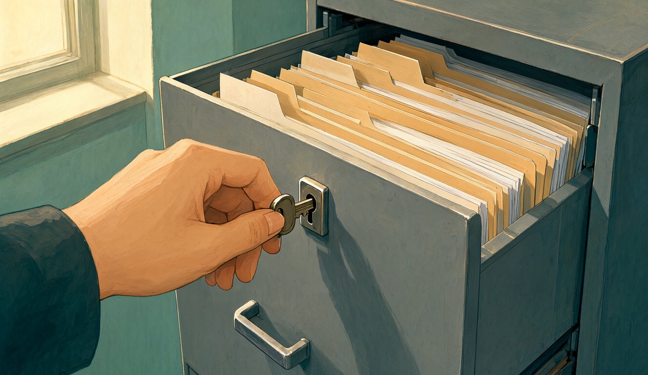 A hand turning the key in the lock of an open steel filing cabinet drawer full of paper folders, window light falling across the metal