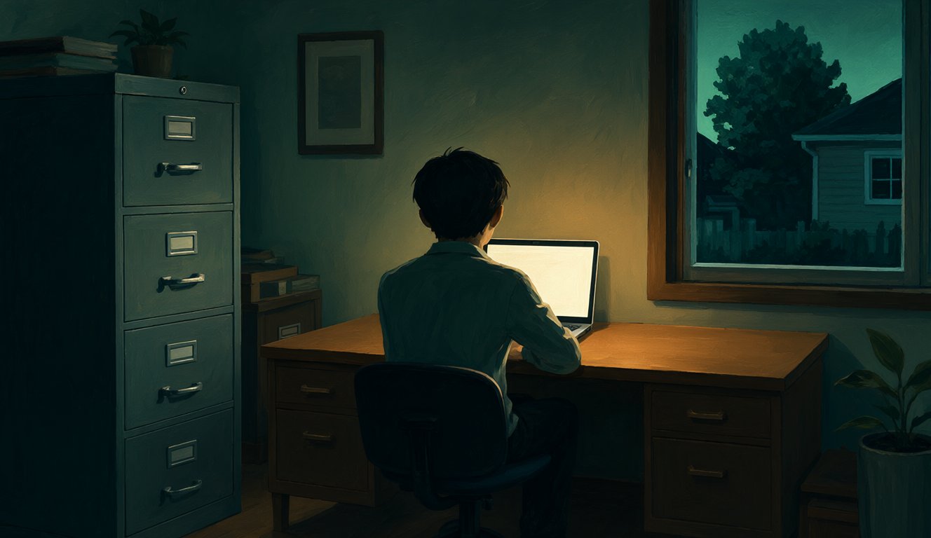 A person seen from behind working at a laptop on a wooden desk in the evening, a steel filing cabinet standing beside the desk