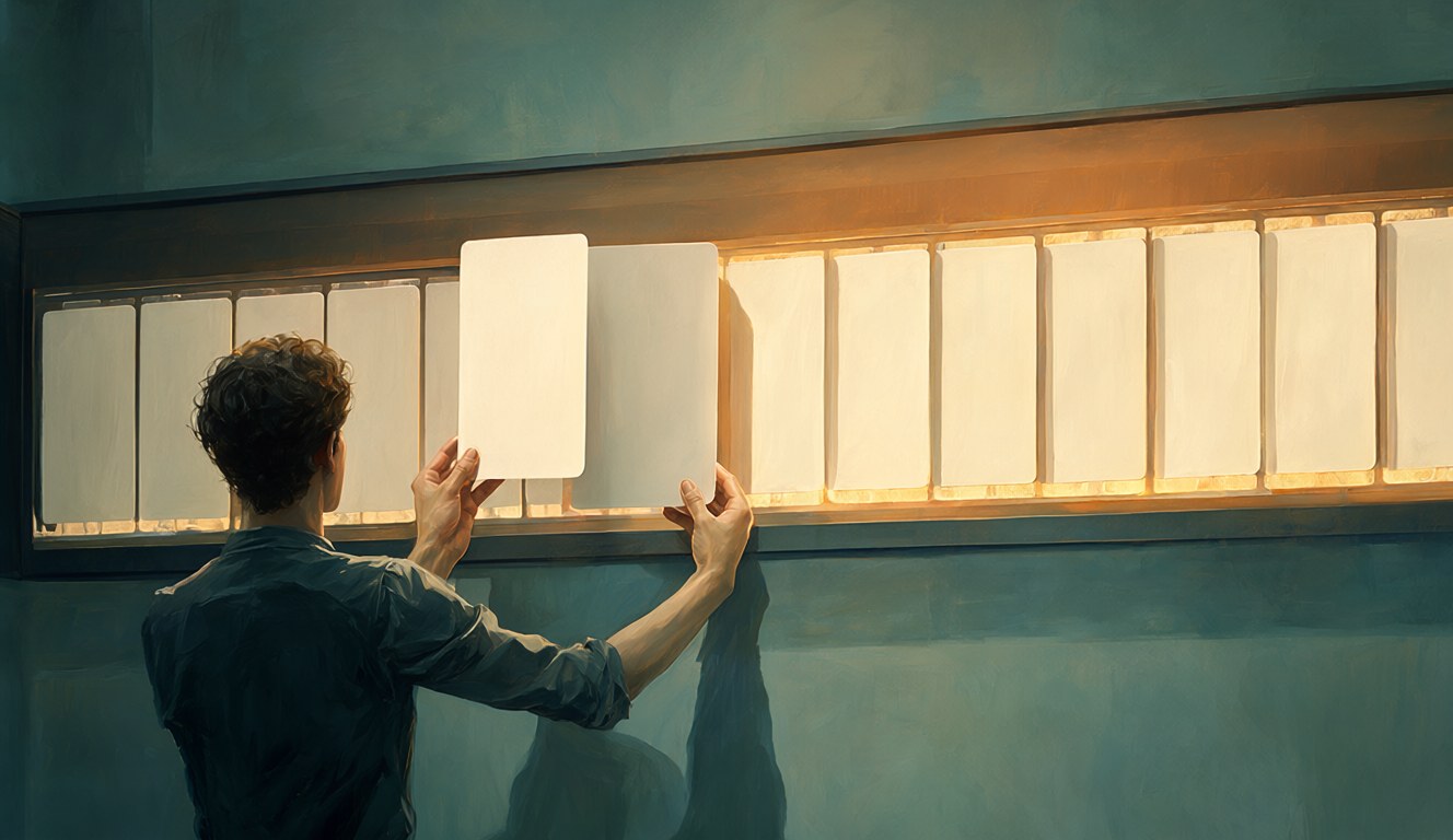 Paper prompt cards being slotted one by one into a glowing film frame, painterly editorial style
