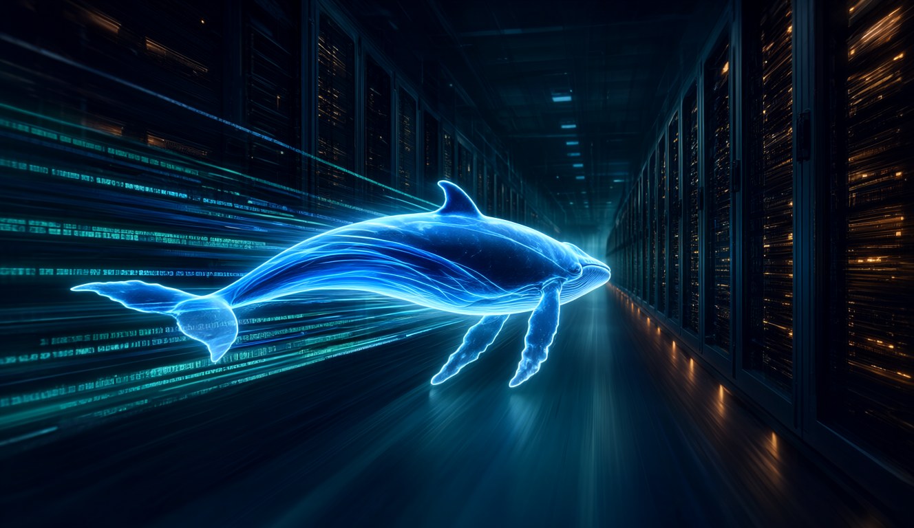 A whale made of blue light swims fast down a dark data centre aisle between server racks, trailing streams of glowing code