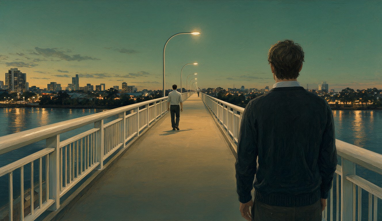 A man standing still on a Brisbane footbridge at dusk, watching an old friend walk away down the bridge