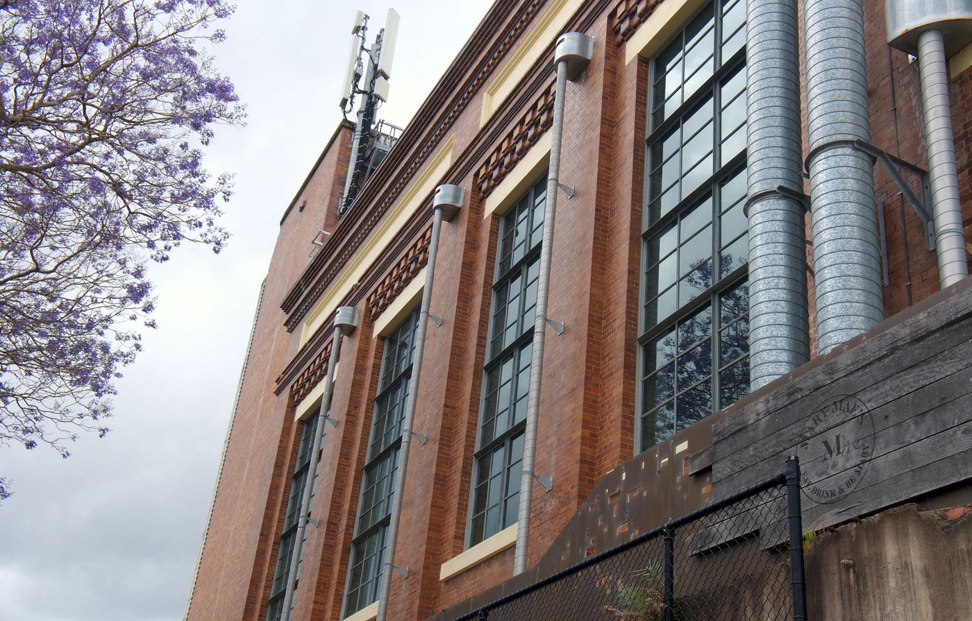 A jacaranda in bloom beside the brick walls and steel flues of the Brisbane Powerhouse