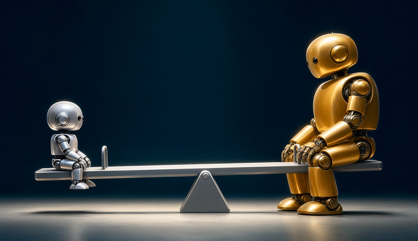 A small silver robot and a large gold robot sitting at opposite ends of a balanced seesaw
