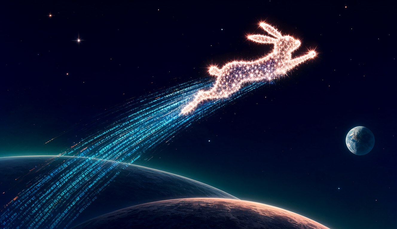 A constellation shaped like a leaping rabbit streaks across deep space like a comet, trailing glowing blue code above a dark moon, with Earth in the distance