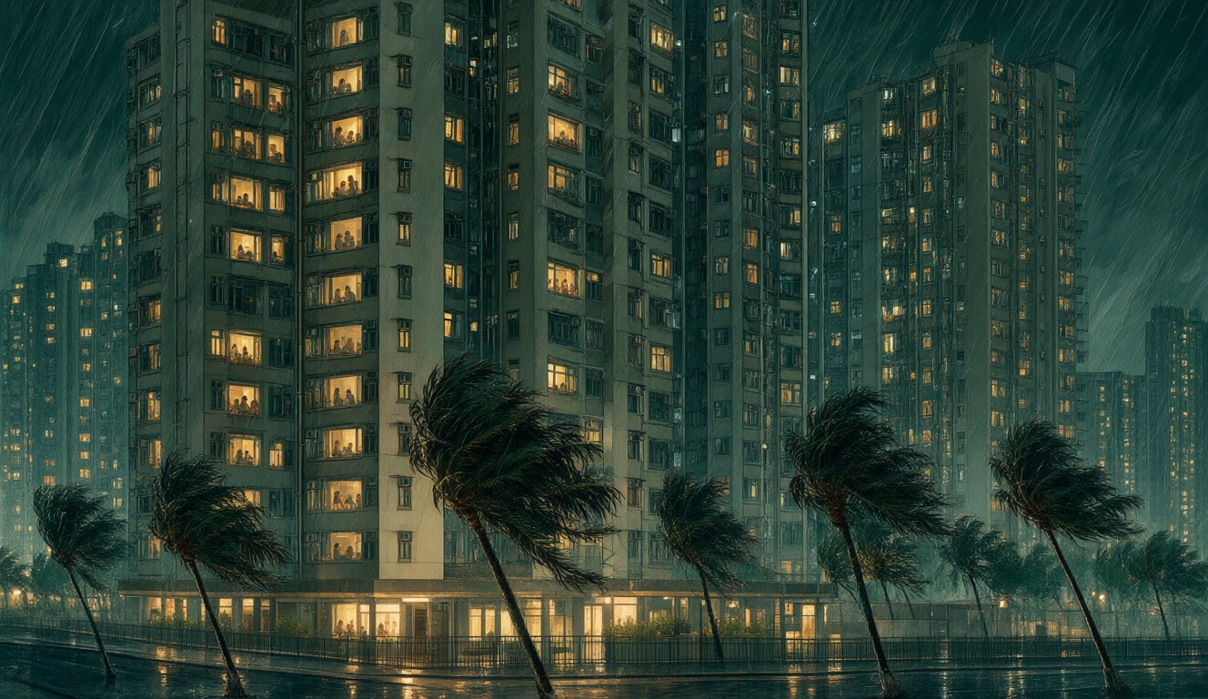Hong Kong high-rise flats at night in typhoon wind and rain, warm lights on in many windows as families stay home
