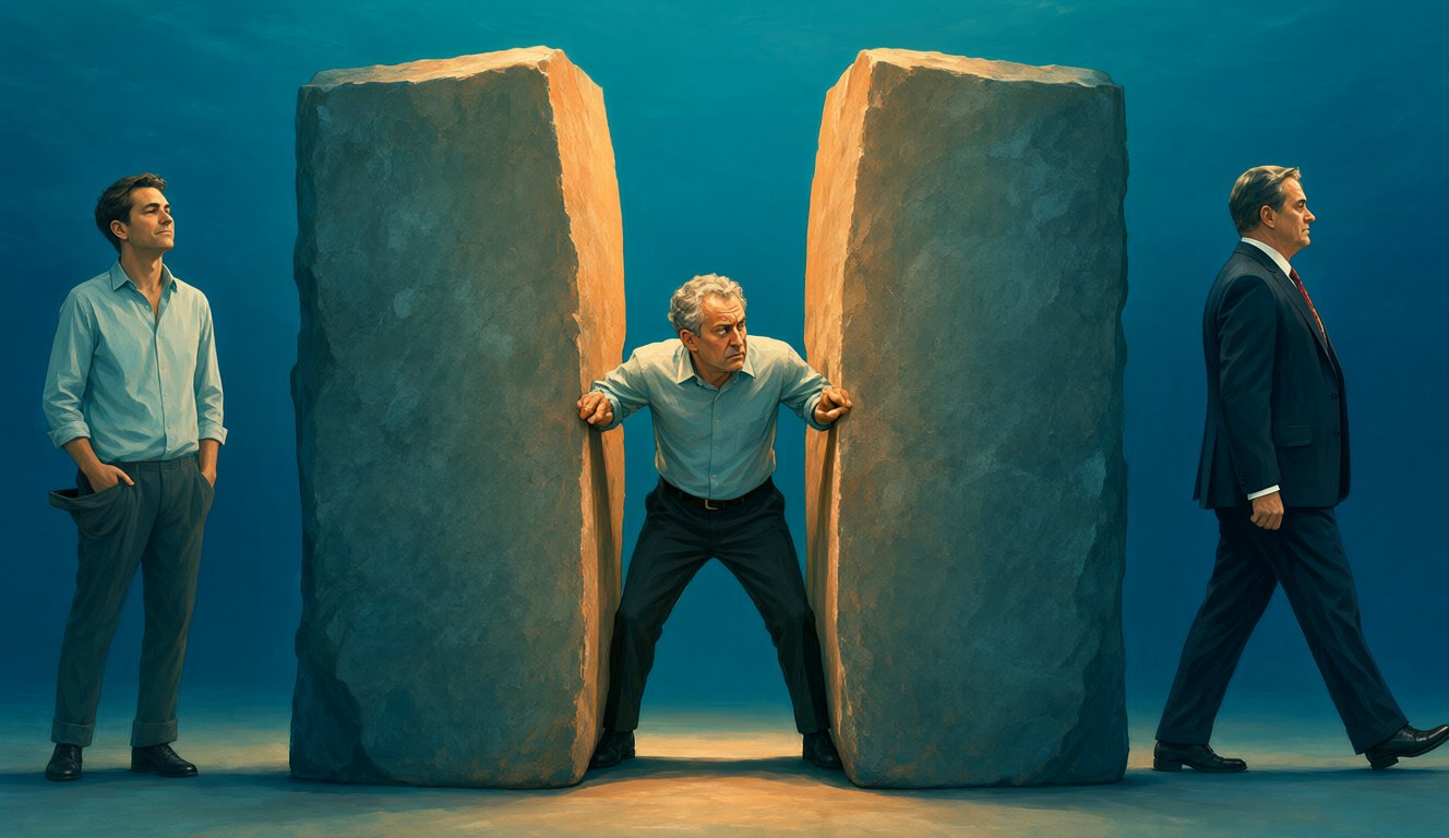 Illustration of a middle-aged worker straining to hold apart two tall stone slabs, while a young man with empty pockets and a man in a suit stand by unbothered: the middle earner squeezed by bracket creep