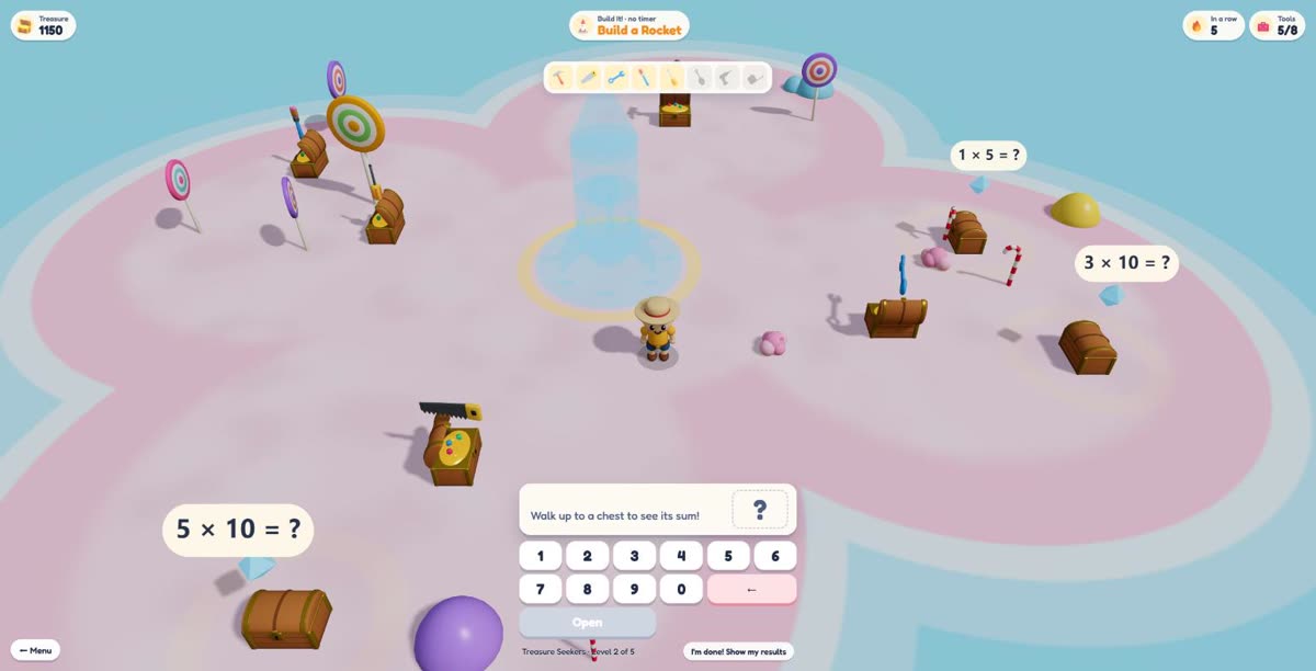 Build It! on Candy Island:tools floating above opened chests and a see-through rocket plan in the middle
