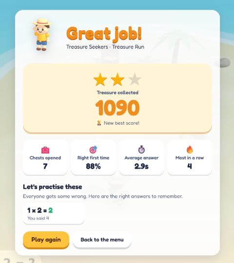 Results card reading Great job with two of three stars, 1090 treasure, 7 chests opened and 88% right first time