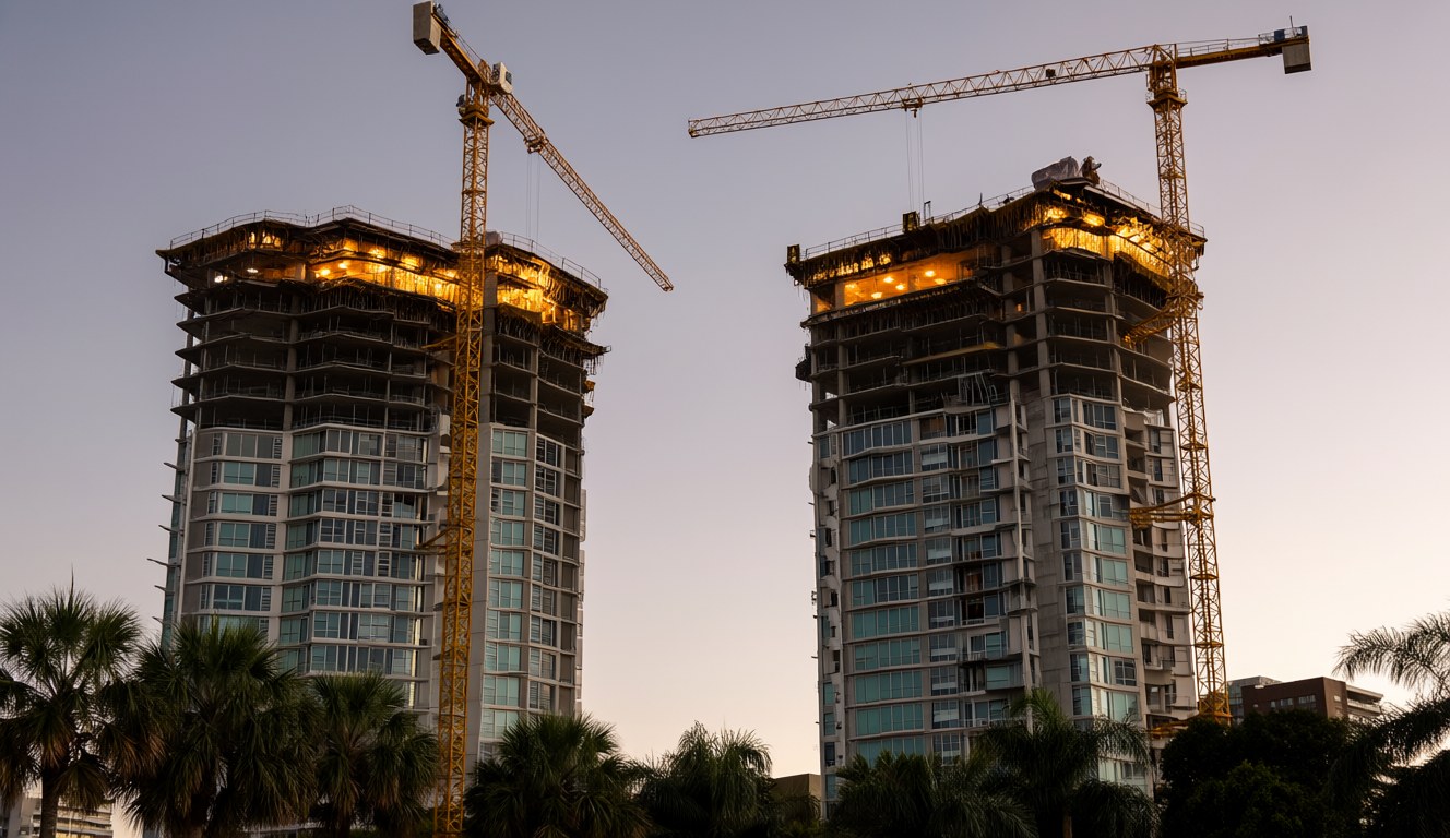 Two apartment towers under construction with tower cranes at dusk beside palm trees