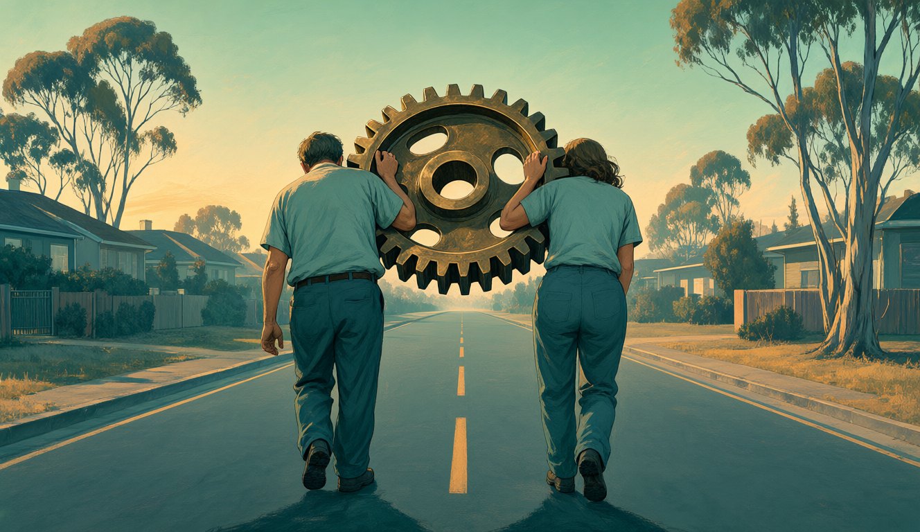At sunrise, two tired parents carry one heavy brass gear between them down an empty suburban street