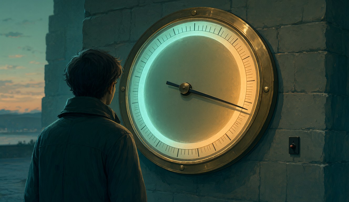 A person standing before a large analog dial, with a tiny on-off switch beside it