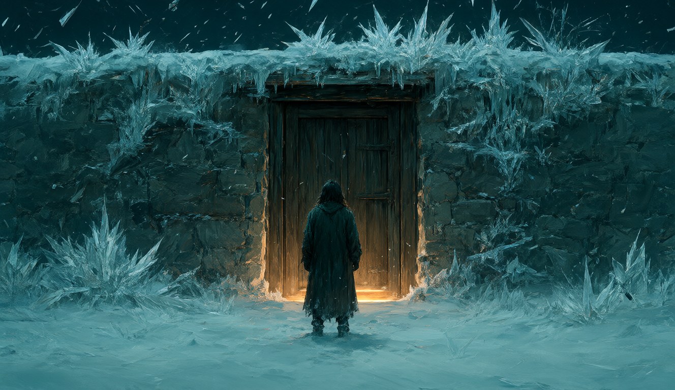 A lone figure in the snow before a frozen door, with only a thin line of warm light underneath