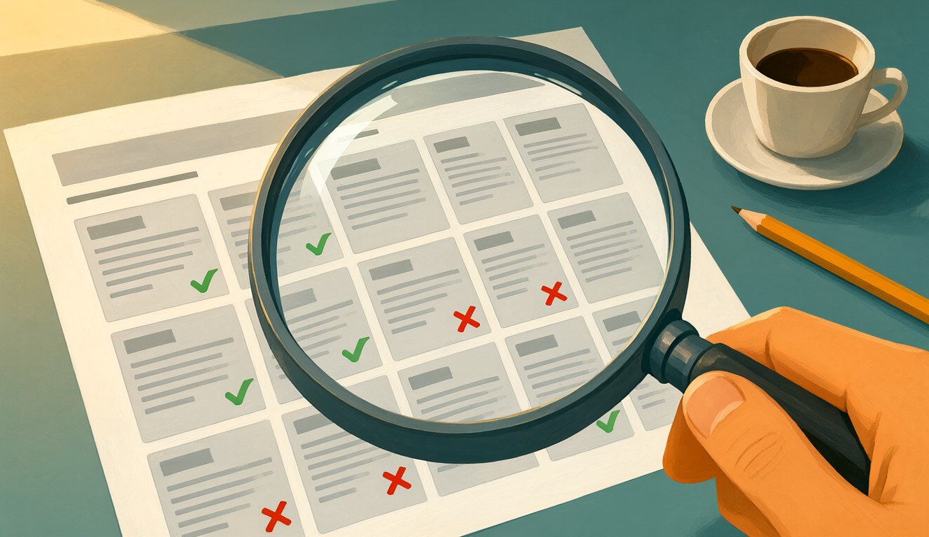 A magnifying glass over a printed web page layout, with green ticks on some boxes and red crosses on others