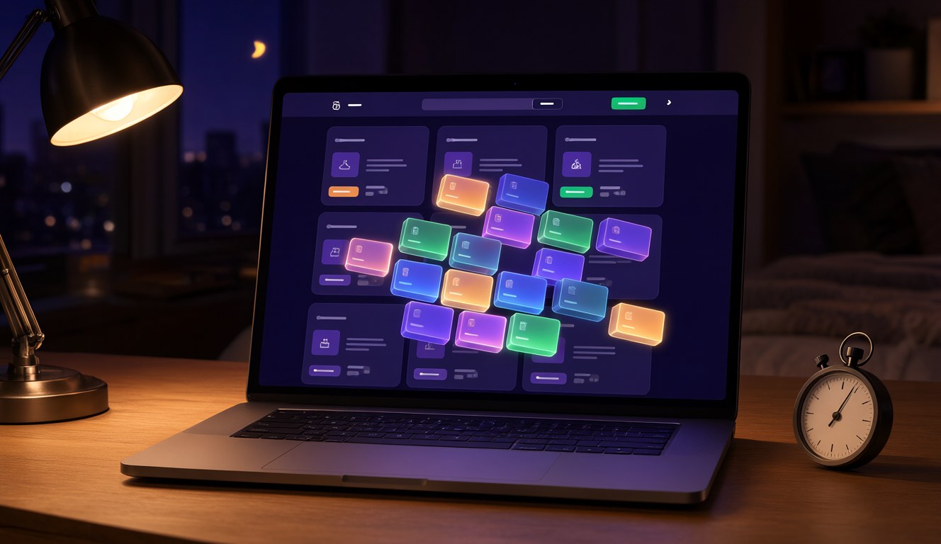 A laptop at night showing a dark website layout of rounded cards assembling itself from glowing blocks, with a stopwatch beside it