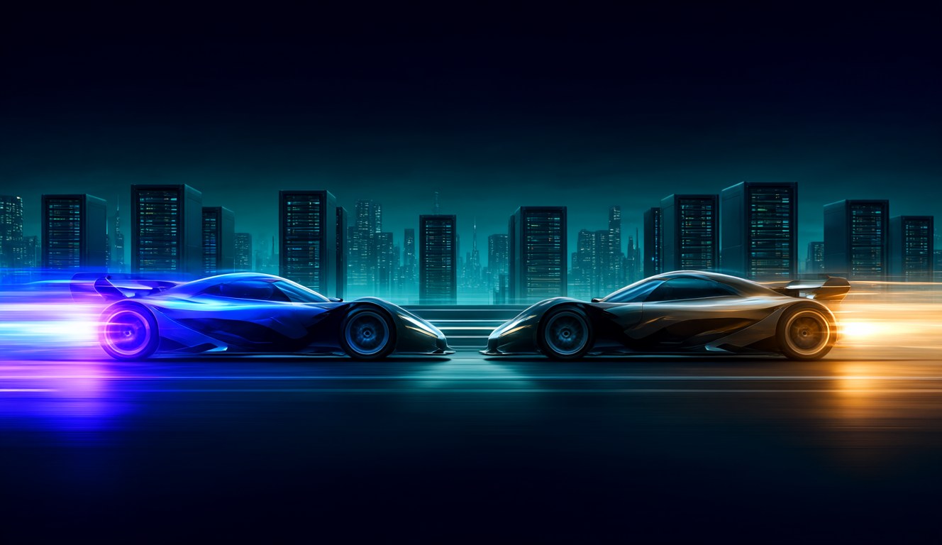 Two futuristic race cars face off nose to nose on a night track, one glowing blue and one glowing amber