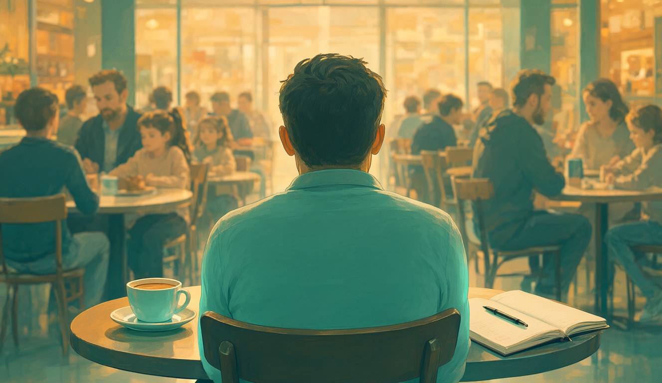 A man seen from behind at a small café table with coffee and a notepad, surrounded by a busy Sunday crowd