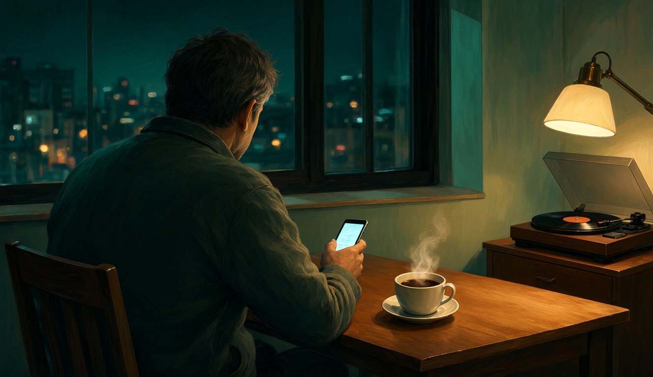 Late at night, a middle-aged man sits alone at a table by the window with a glowing phone and a cup of coffee