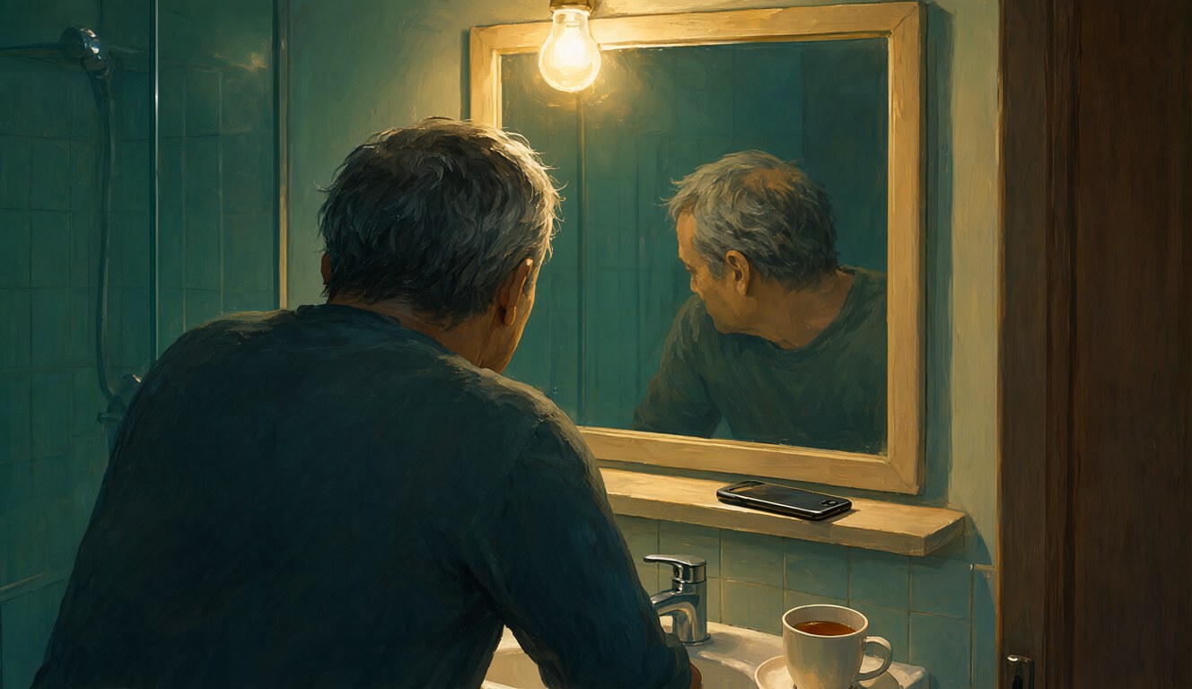 At night, a middle-aged man leans on the bathroom sink and sees grey hair at his temples in the mirror