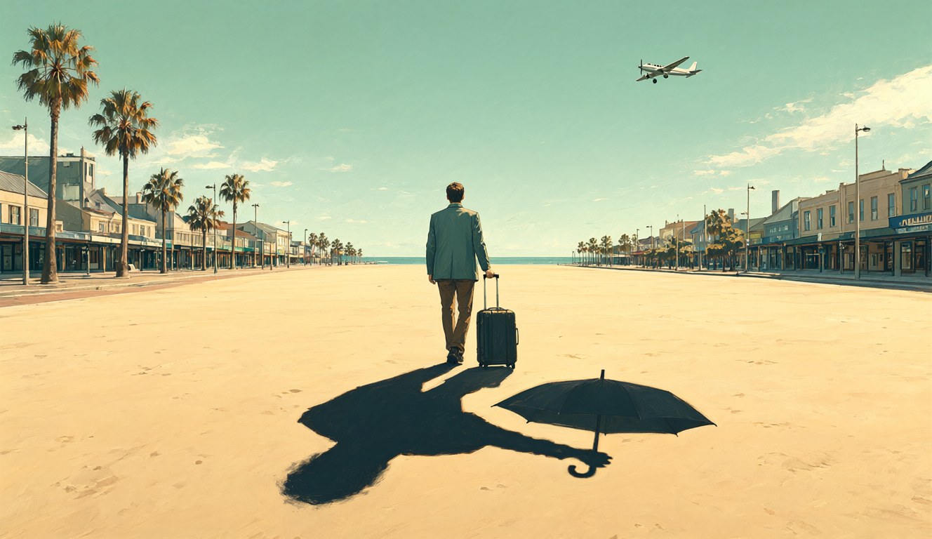 A man pulls his suitcase across a sunny palm-lined beachfront while his long shadow and an umbrella from another season lie behind him