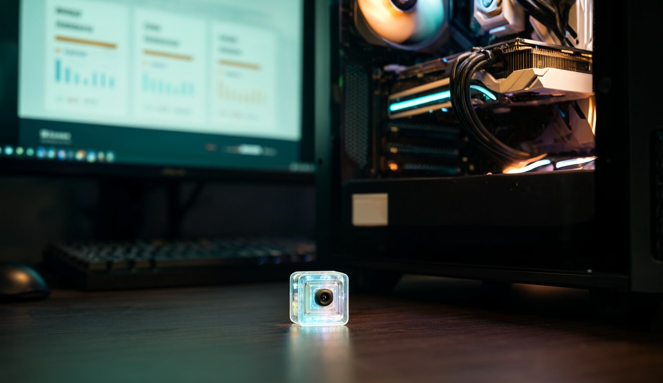 A tiny glowing chip with a camera lens on a desk in front of a gaming PC with an RTX graphics card