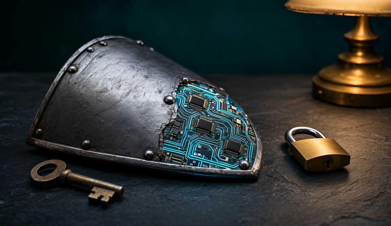 A steel shield fused with a circuit board next to a padlock, standing for AI cybersecurity