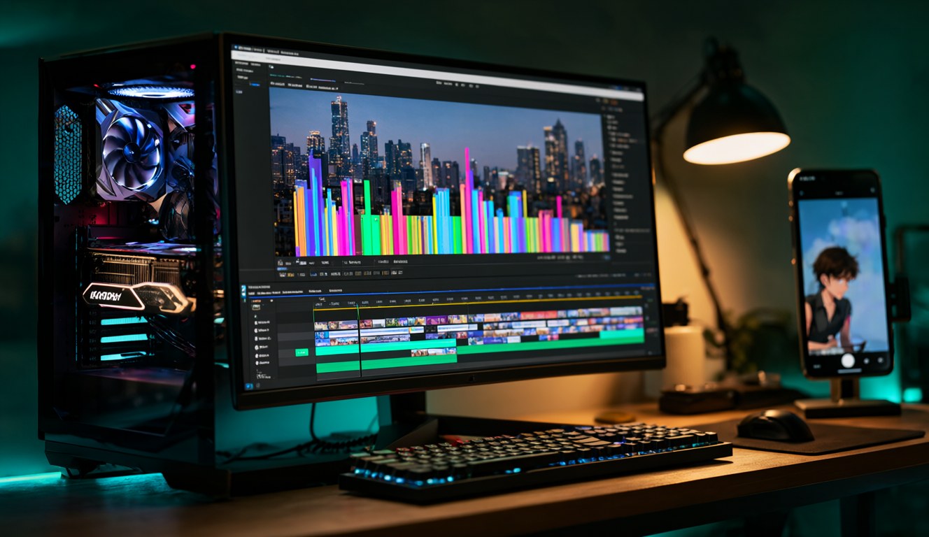 A home creator desk at night with a gaming PC and a video timeline showing animated bar charts