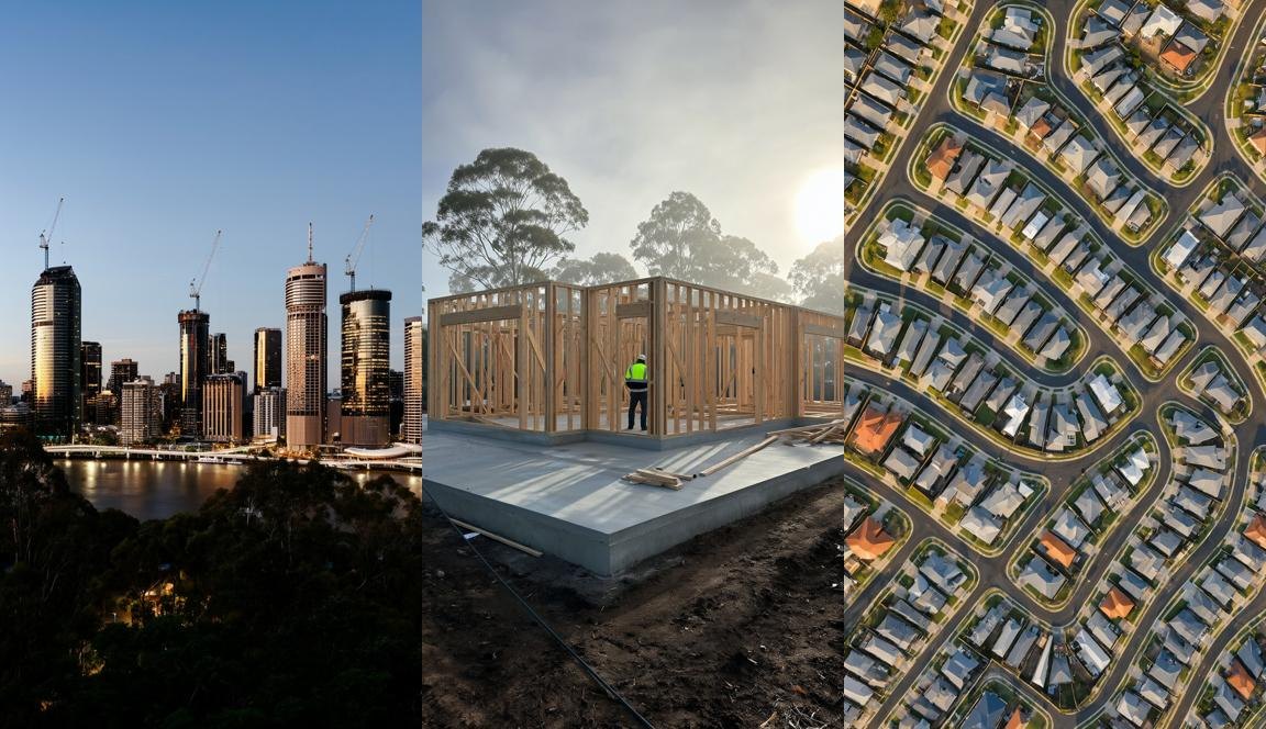 Three vertical Qwen Image 2.1 backgrounds: the Brisbane skyline with cranes, timber house frames at sunrise, and an aerial view of a new housing estate