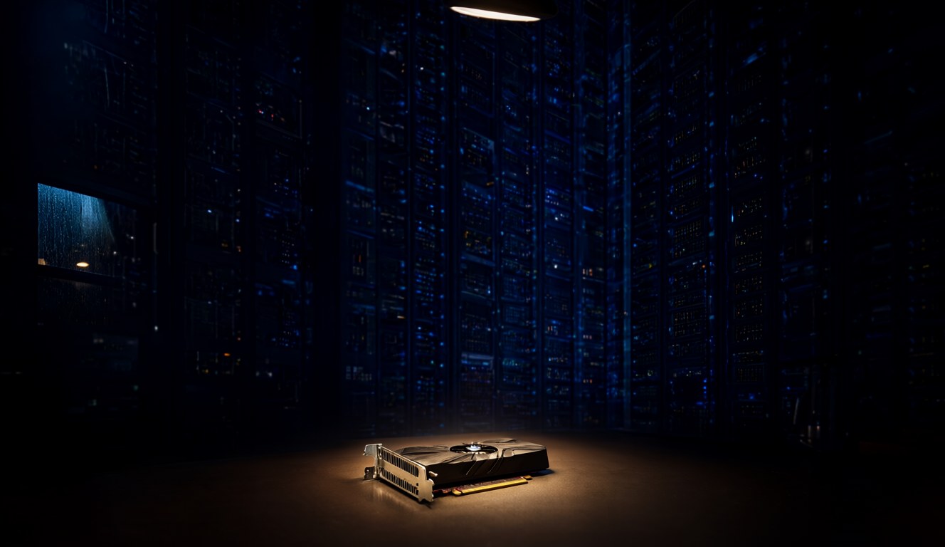A small graphics card on a desk at night in front of a giant wall of glowing server racks
