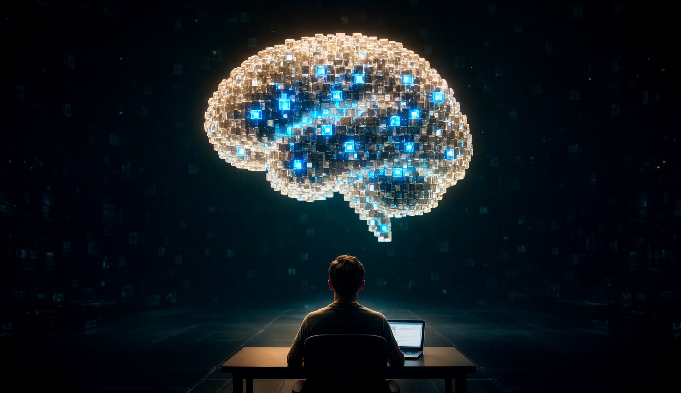 Muse Spark Open: a developer looks up at a giant glowing brain of cubes where only a few cubes are lit at once