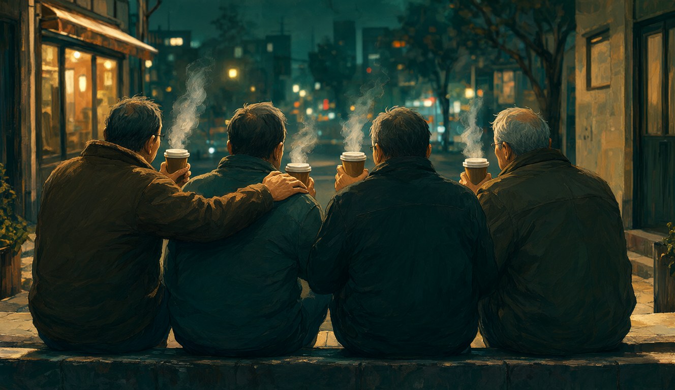 At night, four middle-aged men sit shoulder to shoulder on a low wall outside a café, each holding a hot coffee
