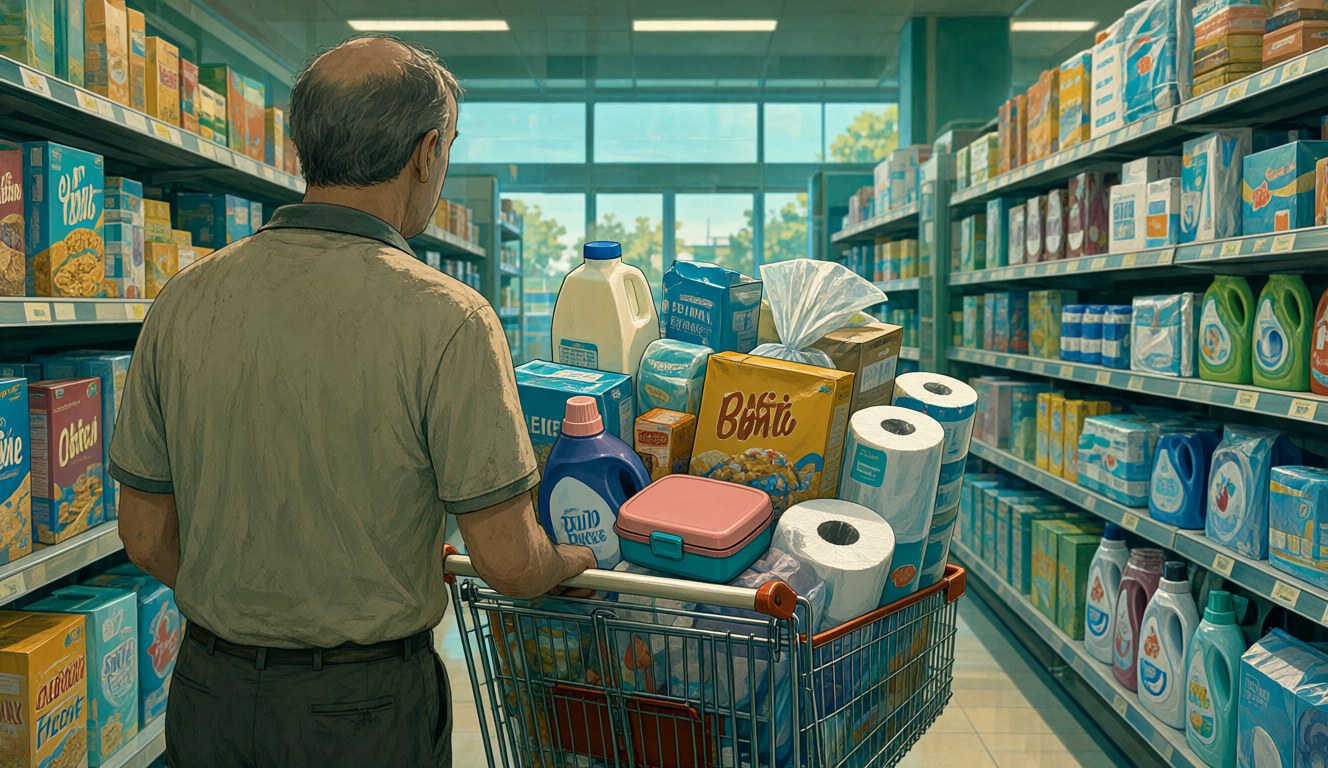 In a bright supermarket aisle, a middle-aged man in a faded shirt pushes a trolley full of family groceries, with nothing in it for himself