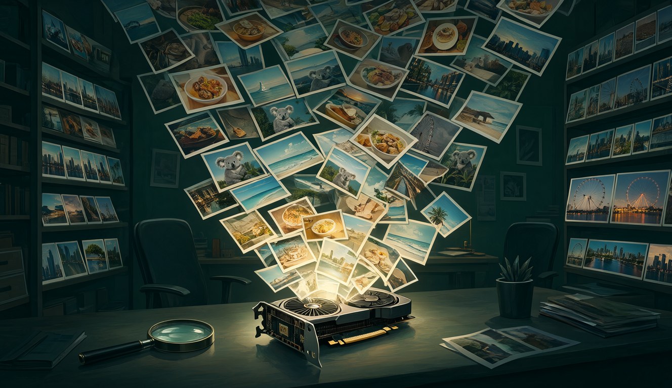 A small graphics card glows on a dark desk while thousands of photos of food, koalas, beaches and city rivers rise from it and sort themselves onto shelves